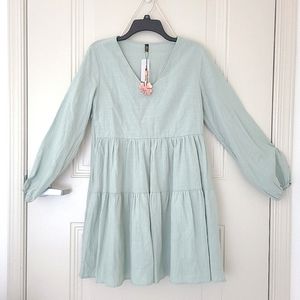 FANCYINN Dress Two Tiered Long-Sleeve Babydoll Shift Mini Mint Green - medium